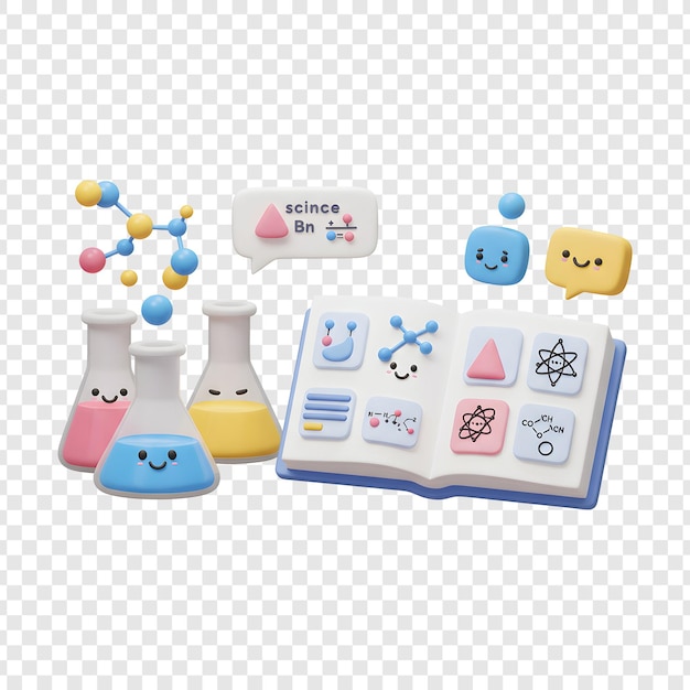 컵, 책, 분자 모델을 가진 과학 실험실의 귀여운 3D 일러스트레이션