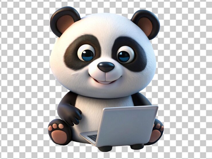 PSD cute 3d panda using a laptop on transparent background