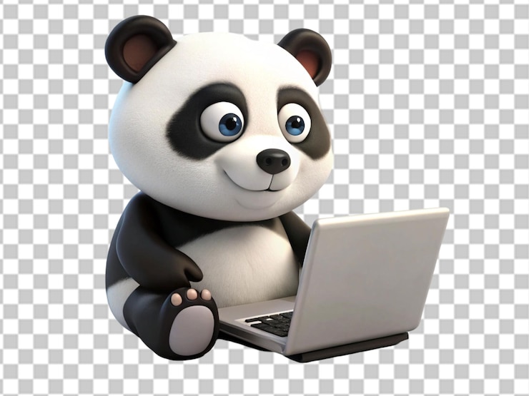 PSD cute 3d panda using a laptop on transparent background