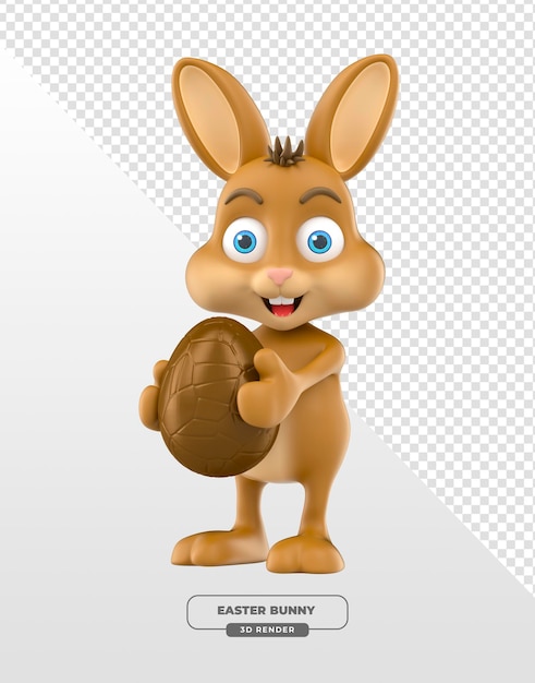 cute 3d render of an easter bunny holding a chocolate egg in 3d render