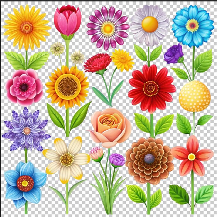 PSD cute abstract floral vector elements set with different types of summer exotic flowers plants illustrations collection in cartoon retro groovy funky naive style spring wildflowers clipart stickers