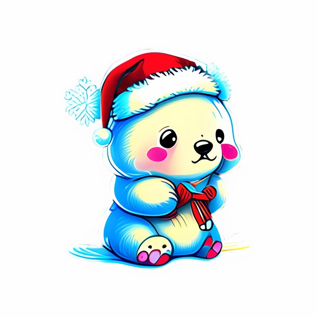 사랑스러운 작은 북극이 산타 모자를 입고 앉아 있습니다.
