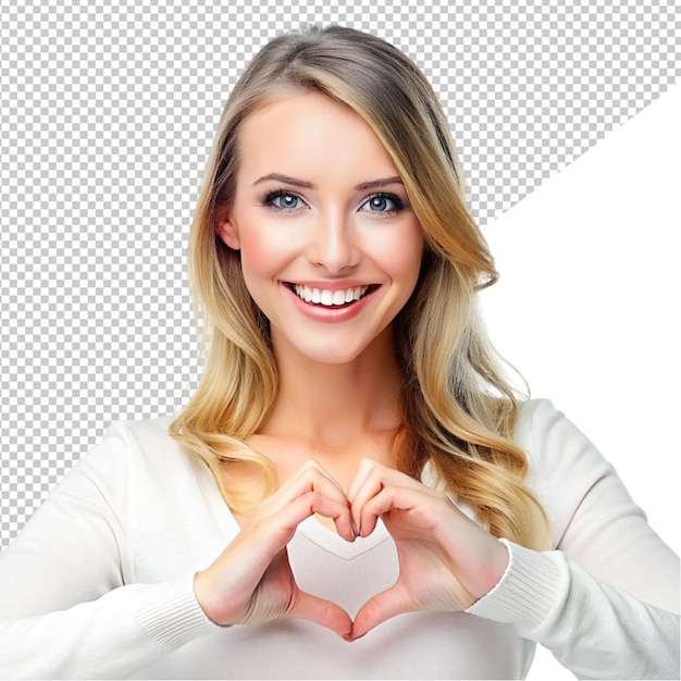 PSD a cute adult girl showing heart with her hand on transparent background