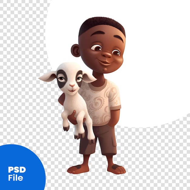 PSD carino ragazzo afroamericano con un agnello su un modello psd di sfondo bianco