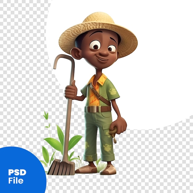 PSD cute african american boy with a shovel and plant isolated on white background psd template