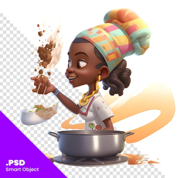 PSD ragazza afroamericana sveglia che cucina nell'illustrazione della cucina isolata sul modello psd di sfondo bianco