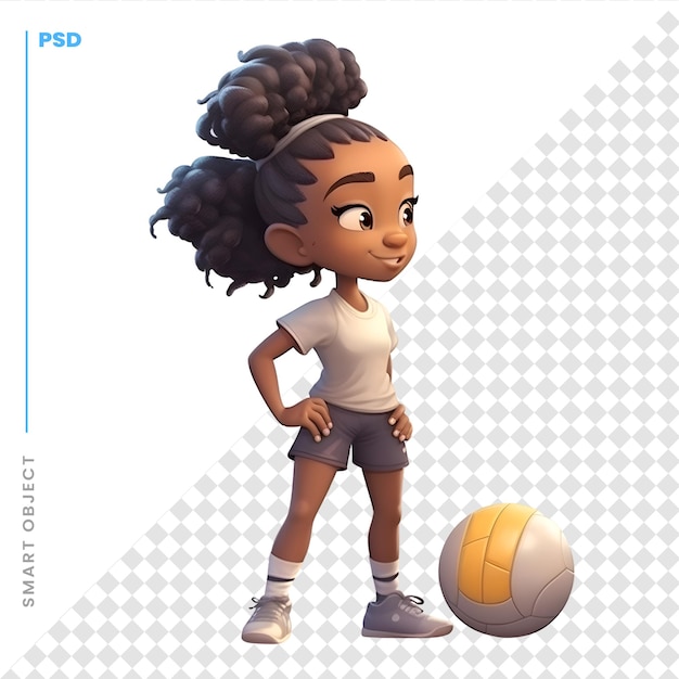 PSD cute african american girl with a soccer ball 3d render