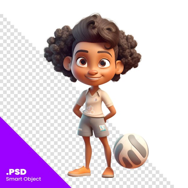 PSD cute african american girl with soccer ball3d rendering isolated on white background psd template