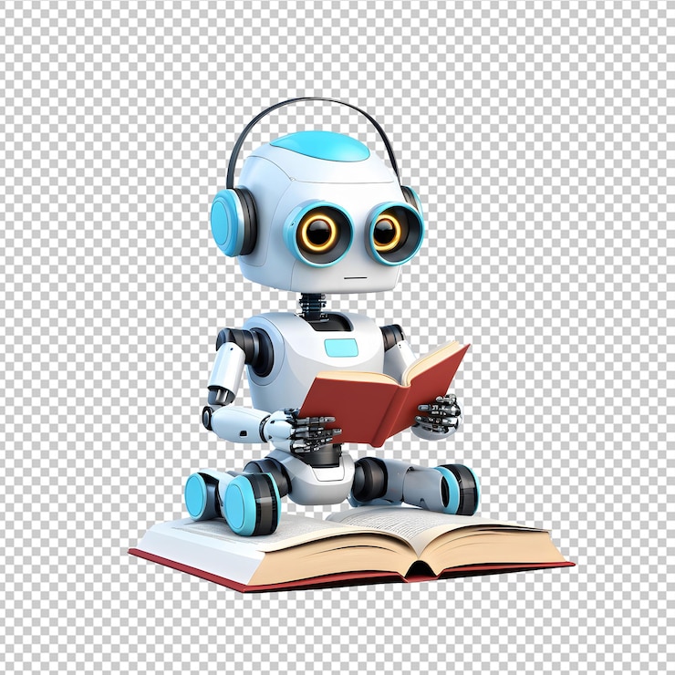PSD cute ai robot chatbot reading a book isolated on transparent background