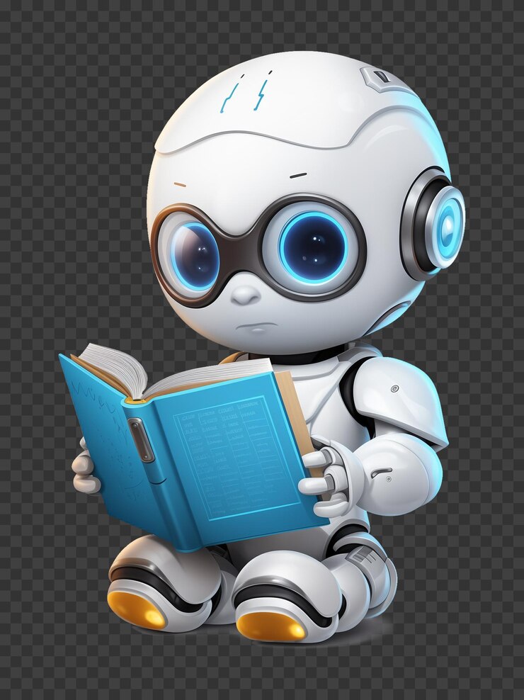 PSD cute ai robot chatbot reading book isolated on transparent background