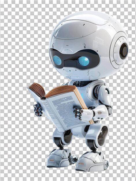 cute ai robot or chatbot reading a book isolated