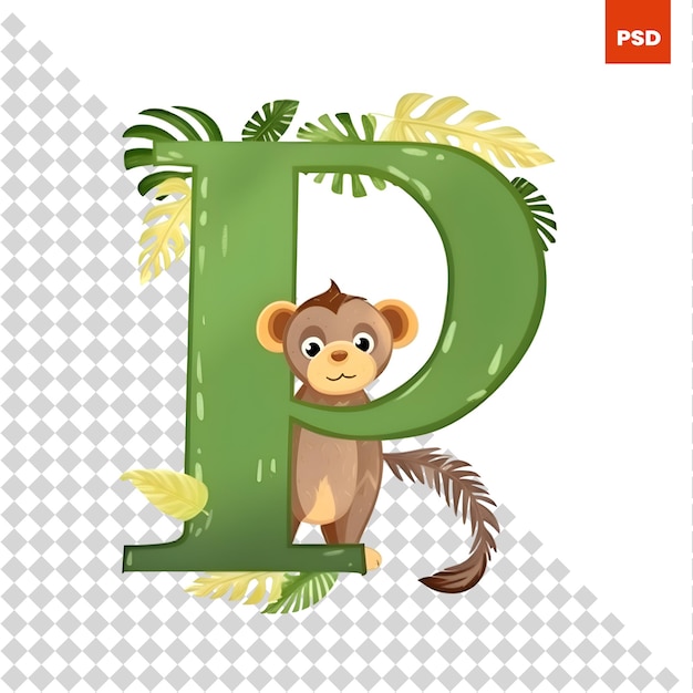 PSD cute animal alphabet letter p with monkey vector illustration