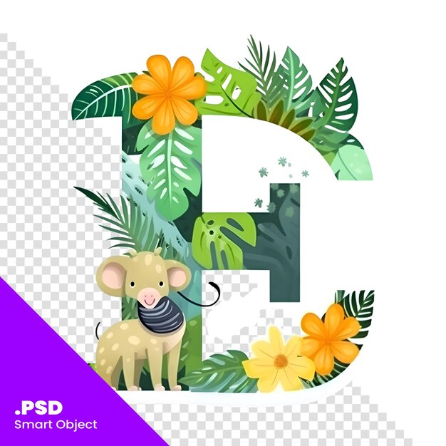 Cute animal alphabetletter g decorated with tropical leaves and flowers psd template