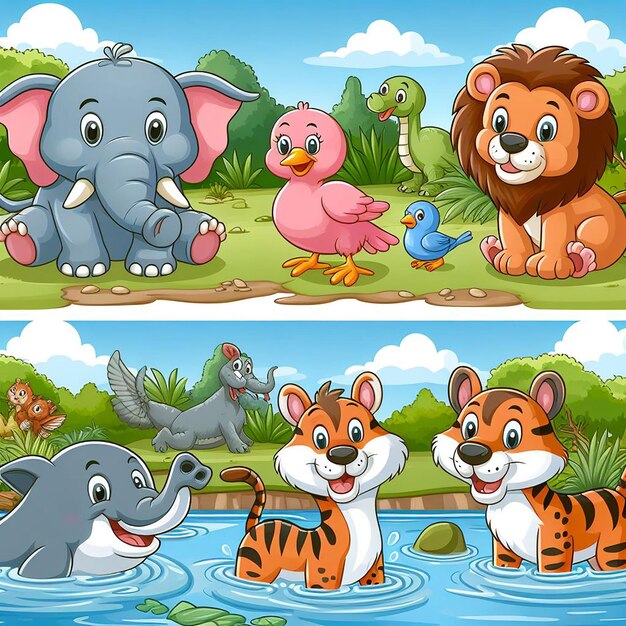 PSD cute animal cartoon with river background