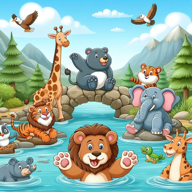 PSD caricatura di animali carinosi con lo sfondo di un fiume