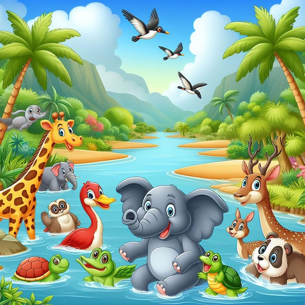 PSD cute animal cartoon with river background