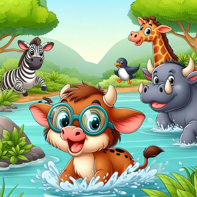 PSD cute animal cartoon with river background