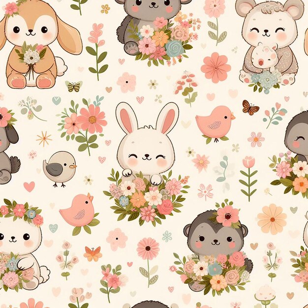 Cute animal with flower background seamless pattern