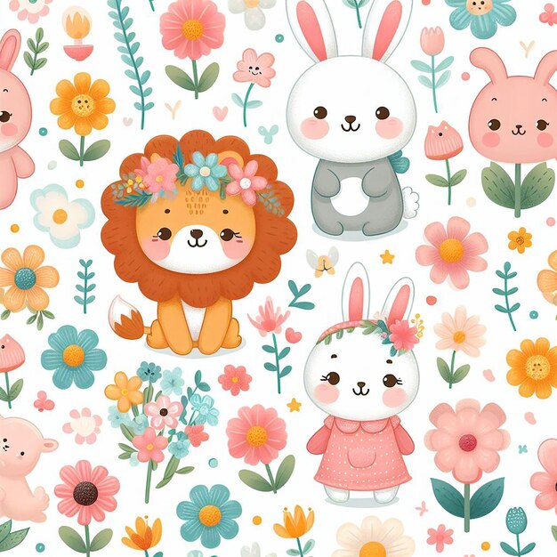 Cute animal with flower background seamless pattern