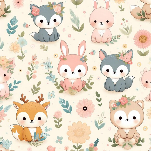 Cute animal with flower background seamless pattern