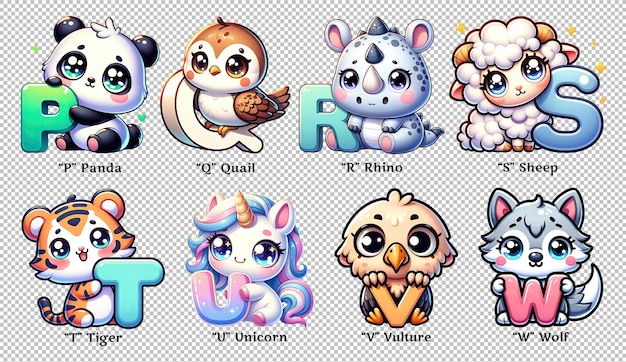 PSD cute animals alphabet for kids learning zoo alphabet p to w clipart