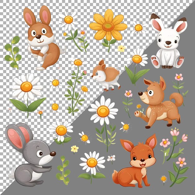 PSD cute animals with daisy flowers sticker style on transparent background ai generated