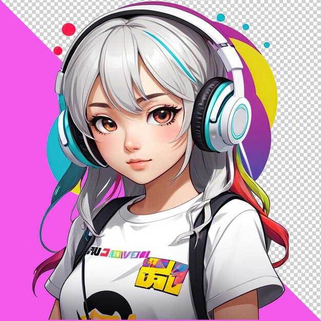 PSD 헤드폰을 착용한 귀여운 애니메이션 소녀