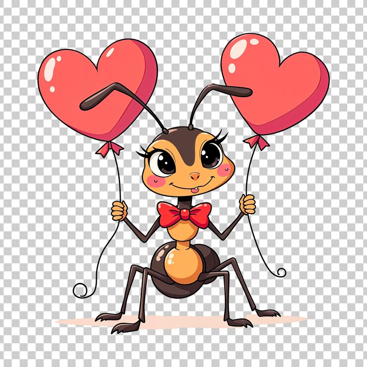 PSD cute ant holding heart balloons on transparent background