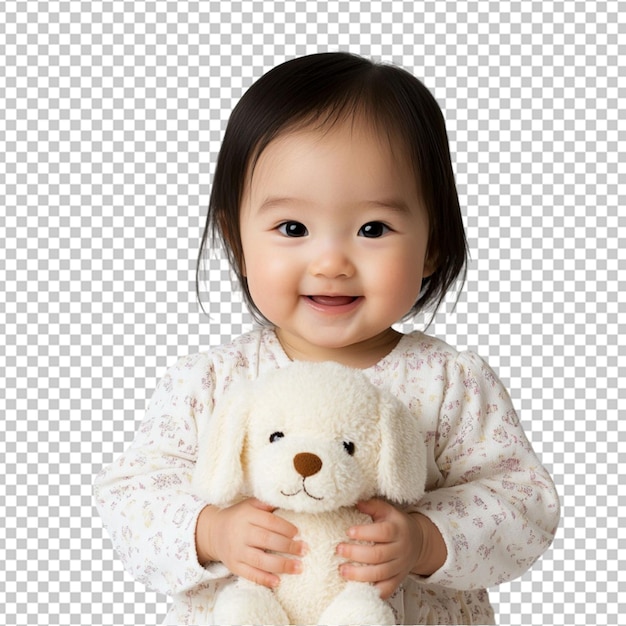 麗な白い背景に暖かく微笑む柔らかい子犬の人形を抱いた可愛いアジアの赤ちゃん