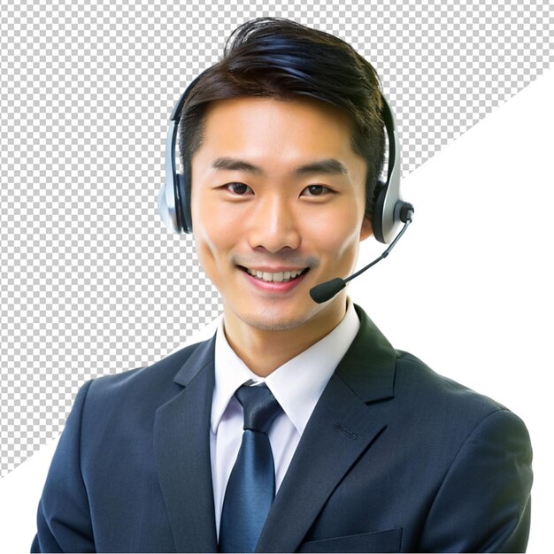 A cute asian young man wearing a headset on transparent background