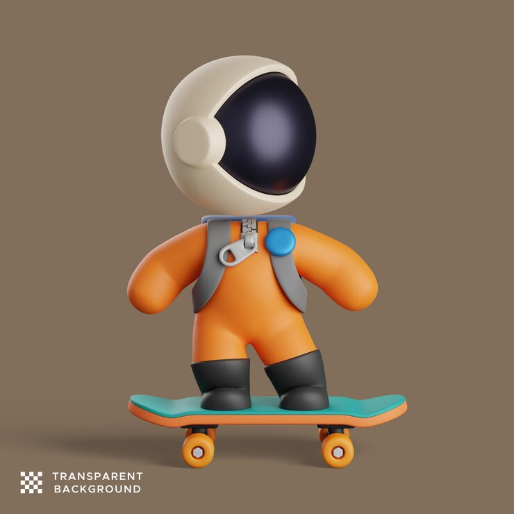 PSD cute astronaut riding a skateboard. 3d render illustration