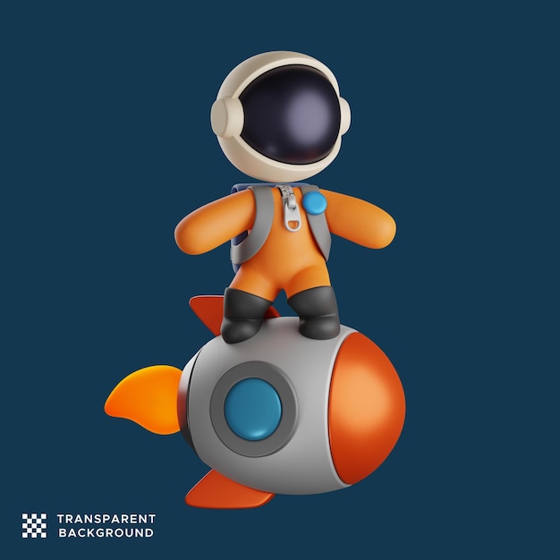 PSD simpatico astronauta in piedi su un razzo. illustrazione della rappresentazione 3d