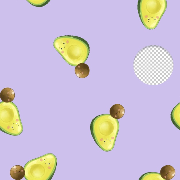 Cute avocado without seed seamless pattern on lilac background