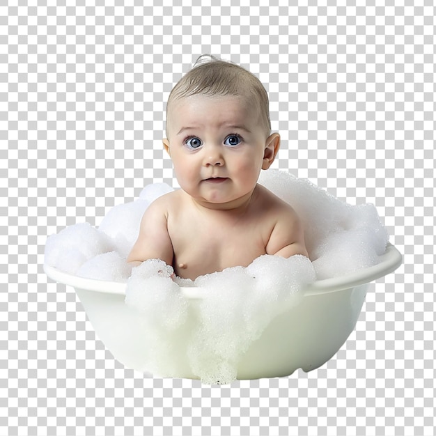 PSD cute baby boy in bathtub with foam isolated on transparent background