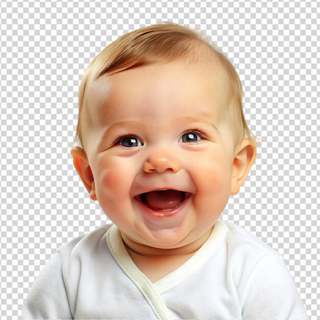 PSD cute baby boy looking at camera and laughing isolated on transparent background