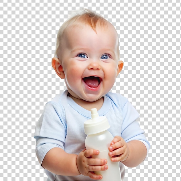cute baby boy with bottle of milk isolated on transparent background
