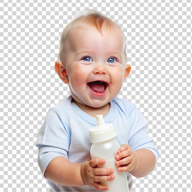 PSD cute baby boy with bottle of milk isolated on transparent background