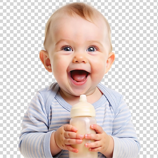 PSD cute baby boy with bottle of milk isolated on transparent background