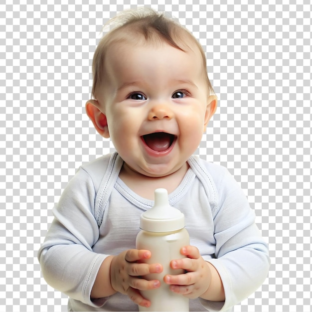 PSD cute baby boy with bottle of milk isolated on transparent background