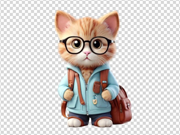 PSD a cute baby cat wearing glasses and bag on transparent background