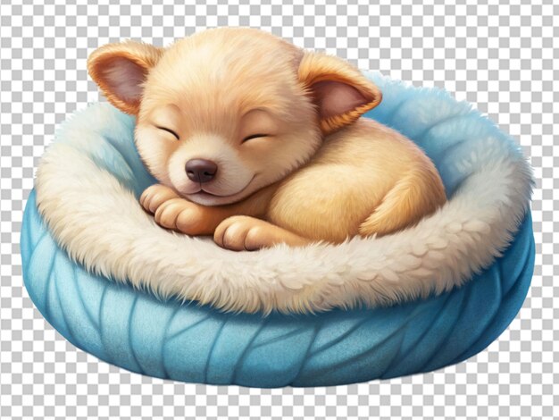 PSD cute baby dog sleeping in round plush pet bed