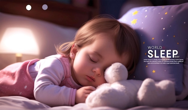 Cute baby girl sleeping in her bedroom at night and background with soft lights