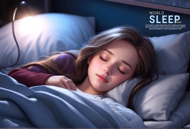 PSD 귀여운 아기 소녀가 밤에 어두운 침실에서 평화롭게 잠을 자고 있습니다.