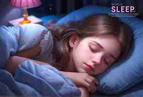 PSD Милая девочка спокойно спит в своей темной спальне по ночам.
