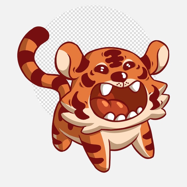 PSD simpatico cucciolo di tigre ruggente cartone animato animale mascotte kawaii