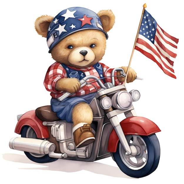 Cute bear american flag motorcycle clipart illustration