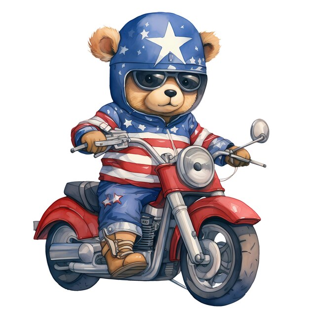 PSD 可愛いベア・アメリカン・フラッグ・モーターサイクル・クリパート・イラスト