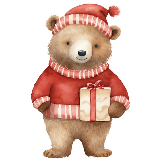 Cute Bear in Santa Suit Festive Watercolor Clipart on White Background