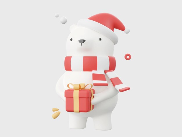 Cute bear with santa hat holding christmas gift box christmas theme elements 3d illustration