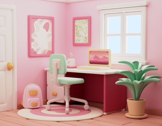 PSD cute bedroom with desktop illustration